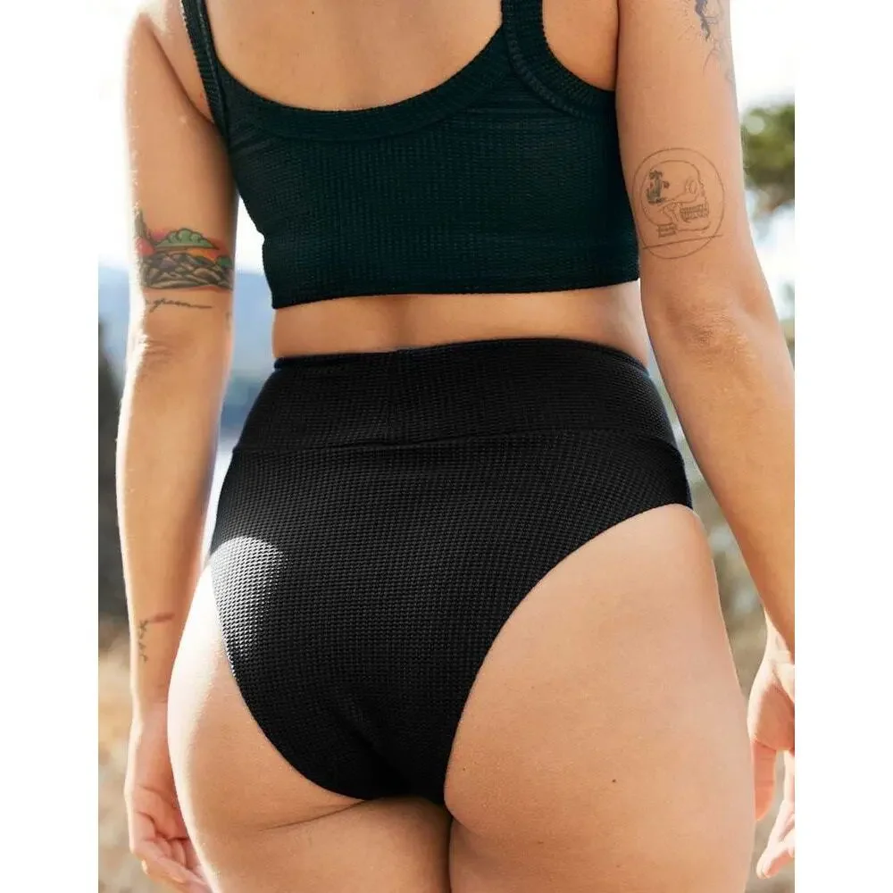 AERIE Waffle Longline Triangle High Cut Cheeky Bikini Black XL XXL - Picture 4 of 9